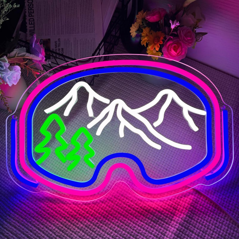 Symone Ski Goggles Neon Sign, USB Powered Dimmable LED Neon Light Winter Sports Party Decor, for Outdoor Adventure Themed Sports Bar Ski Themed Bedroom Decor, Skiing Gifts for Winter Lovers(16.1*10.4in) - Image 2