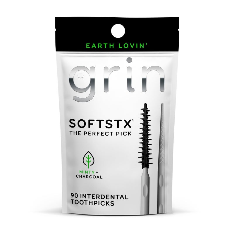 Grin Charcoal Infused Softstx, Gentle Dental Picks, 90 Count, Soft Flexible Bristles, Textured Plaque Removing Toothpick, Minty Flavor, for Between Teeth, Refillable Hygienic Case - Image 1