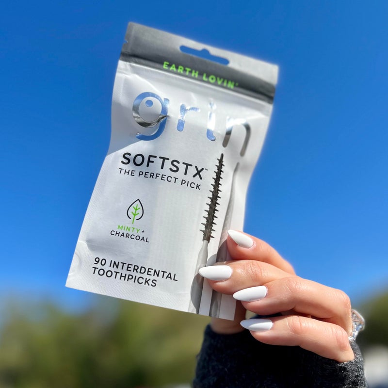 Grin Charcoal Infused Softstx, Gentle Dental Picks, 90 Count, Soft Flexible Bristles, Textured Plaque Removing Toothpick, Minty Flavor, for Between Teeth, Refillable Hygienic Case - Image 5
