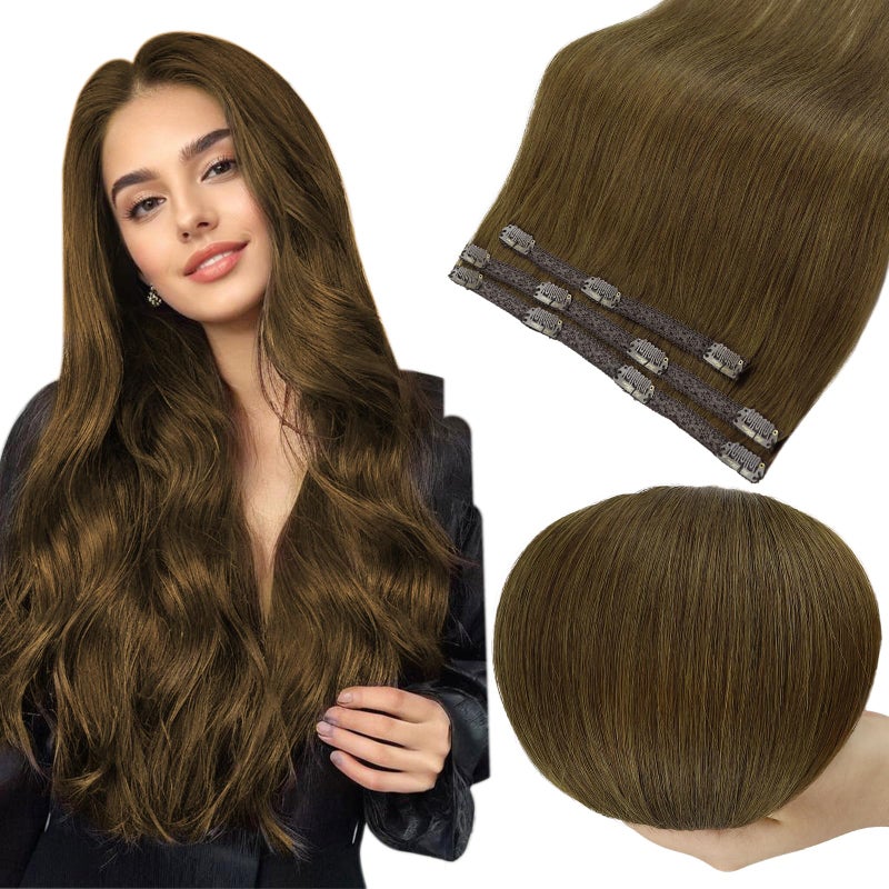 Full Shine Human Hair Clip in Extensions Brown Clip in Hair Extensions Medium Brown for Short Invisible Hair Extension Human Hair for Women Softness 10 Inch 60 G 3 PCS