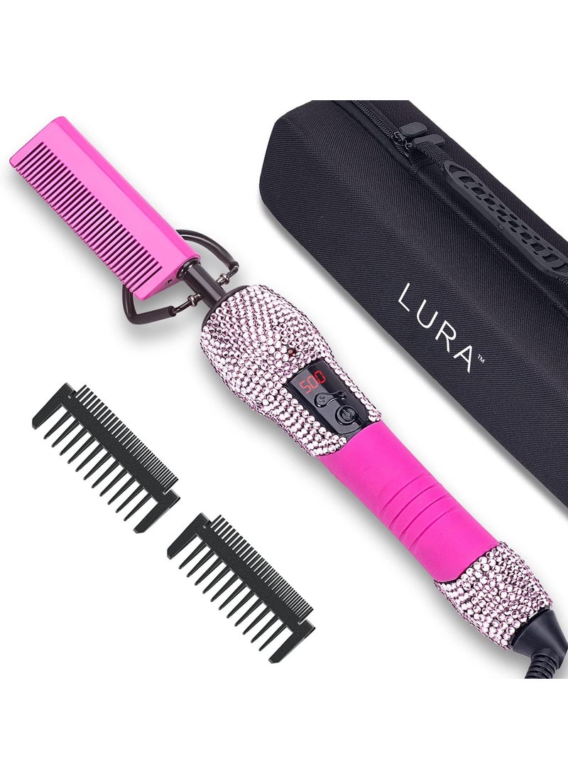 LURA LURA Pink 180500F Hot Comb Electric for Wigs Straightening for African American HairPressing for Natural Black Bling Diamonds Straightener Brush for Women Thick Hair 