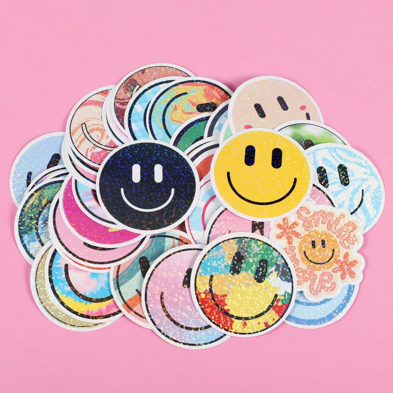 Wercokt 50PCS Smiling Glitter Stickers, Cute Water Bottle Stickers for Kids, for Teaching Rewards, Notebooks, Stationery, Luggage, Cartoon PVC Happy Sticker - Image 5