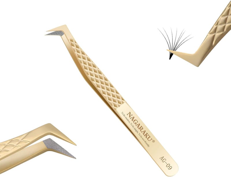 ملقط دقيق ناغاراكو برأس ألياف لتمديد الرموش قبضة ماسية مضادة للكهرباء الساكنة مضادة للانزلاق من الفولاذ المقاوم للصدأ الممتاز ملقط رموش بحجم نقطة مع صندوق (ملقط نوع L AG-09)