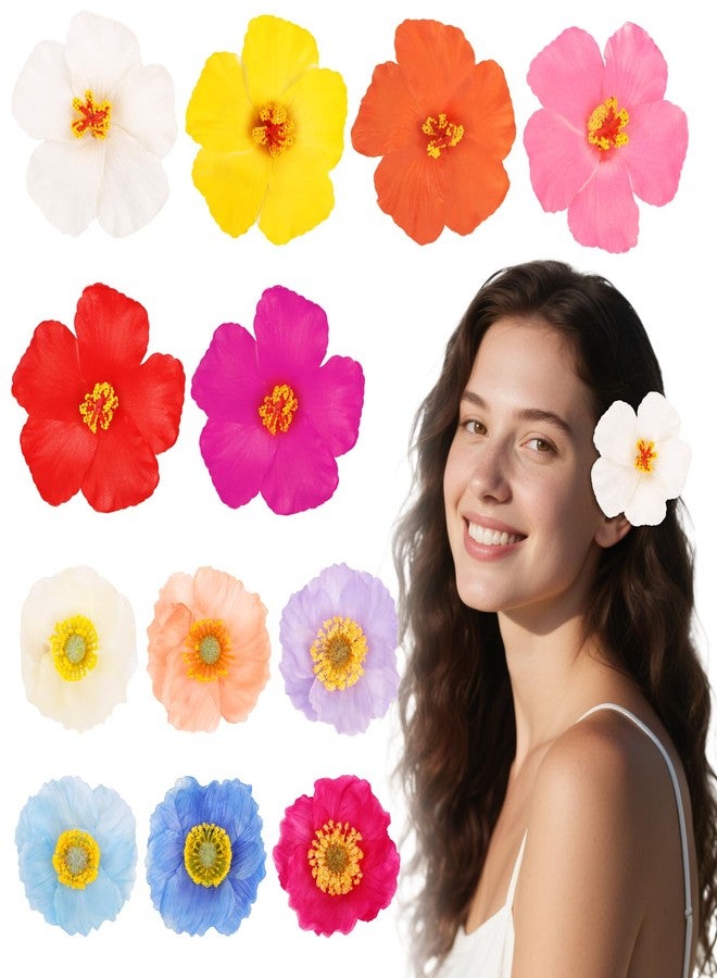 Wecoe 12pcs Mixed Style Colorful Tropical Flower Hair Clips Set - Hibiscus Hair Clips Hawaiian Luau Party Decor & Beach Accessories - Image 1