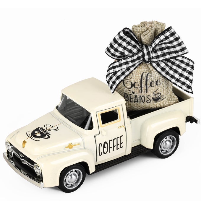 COFFEE DECOR FOR COFFEE BAR METAL TRUCK WITH COFFEE BEANS BURLAP SACK VINTAGE PICKUP MINI DIECAST TRUCK FOR FARMHOUSE COFFEE STATION HOME COFFEE BAR TABLETOP DECORATIONS