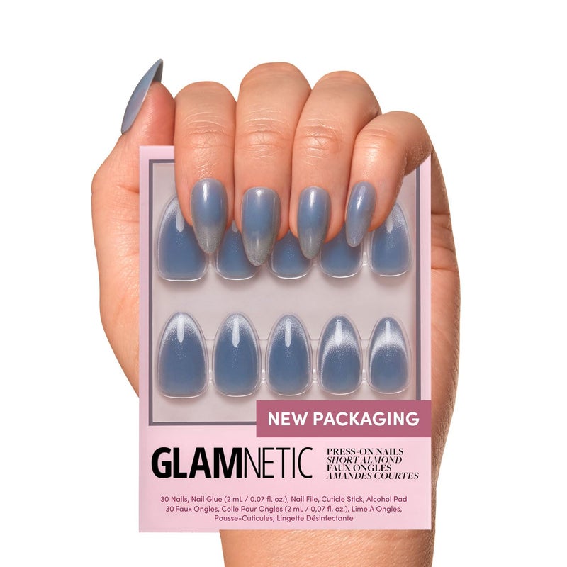 Glamnetic Press On Nails  Baby Blues  Short Almond Pastel Blue Nails with a Mesmerizing Metallic Finish  15 Sizes  30 Nail Kit with Glue