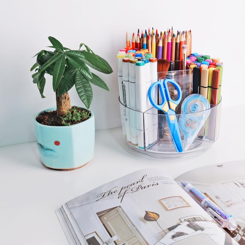 Flytreal Pencil Holder for Desk, 360-Degree Rotating Pen Marker Crayon Organizer, Spinning Acrylic Desk Pen Organizer Storage, 5 Slots Large Capcaity Caddy for Home Office School Kids Art Supplies - Image 2
