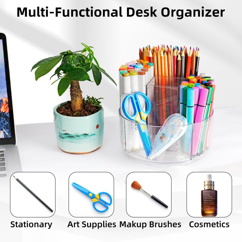 Flytreal Pencil Holder for Desk, 360-Degree Rotating Pen Marker Crayon Organizer, Spinning Acrylic Desk Pen Organizer Storage, 5 Slots Large Capcaity Caddy for Home Office School Kids Art Supplies - Image 5
