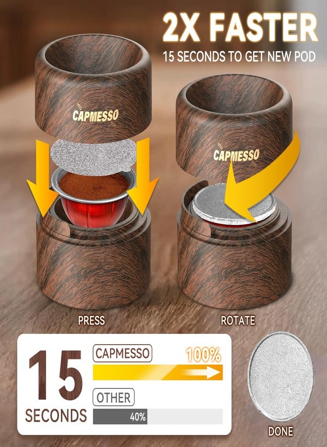 CAPMESSO Reusable Vertuo Pod Refill Kit for Nespresso: Reusable Vertuo Capsule for Nespresso/Coffee Pods Vertuoline with 100 Aluminum Foil Lids for Any Size of Vertuo Plus Espresso Pod- Wood Grain Holder - Image 2