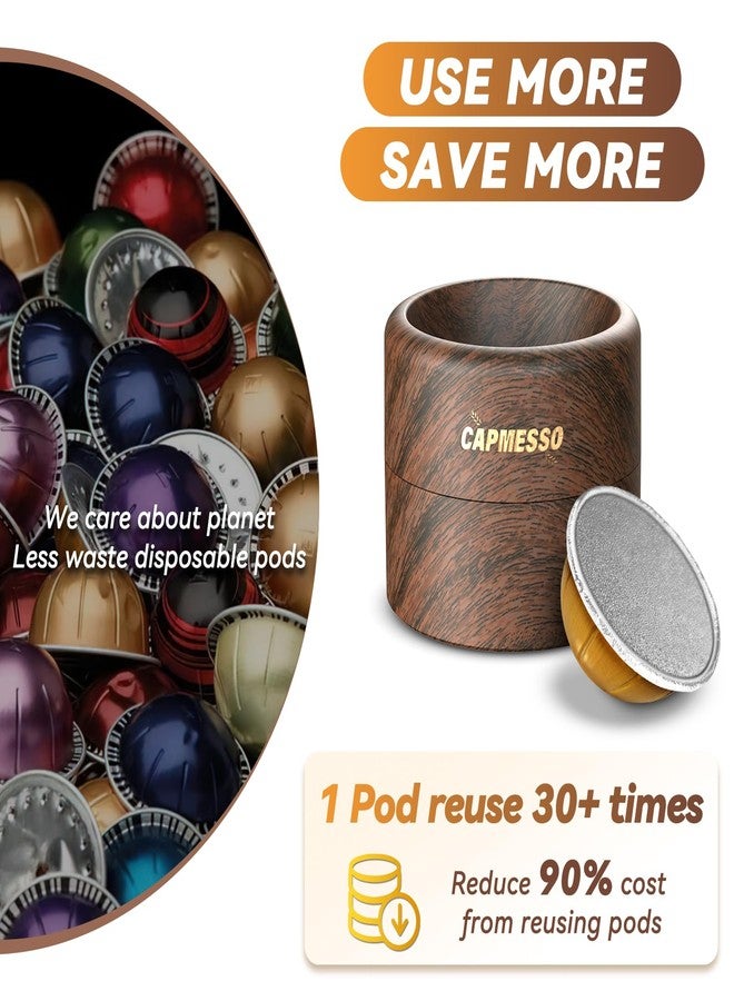 CAPMESSO Reusable Vertuo Pod Refill Kit for Nespresso: Reusable Vertuo Capsule for Nespresso/Coffee Pods Vertuoline with 100 Aluminum Foil Lids for Any Size of Vertuo Plus Espresso Pod- Wood Grain Holder - Image 5