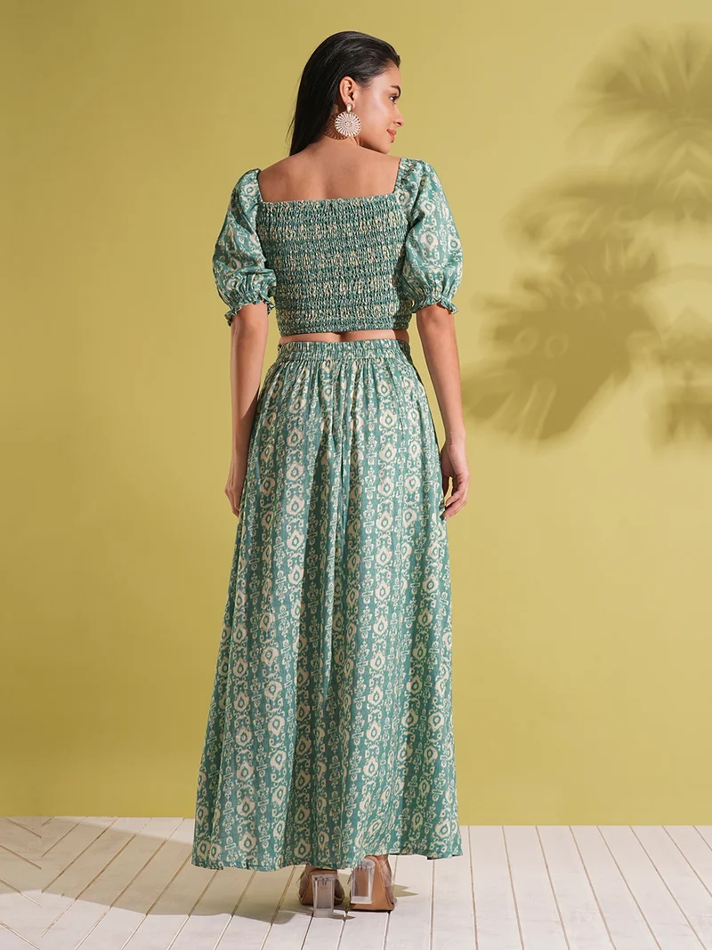 globus Women Indie Print Square Neck Puff Sleeve Smocked Crop Top & Maxi Skirt Fusion Co-Ord Set