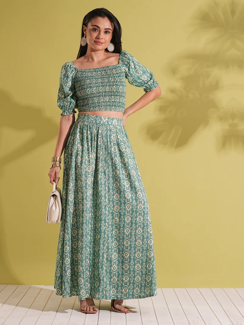 globus Women Indie Print Square Neck Puff Sleeve Smocked Crop Top & Maxi Skirt Fusion Co-Ord Set