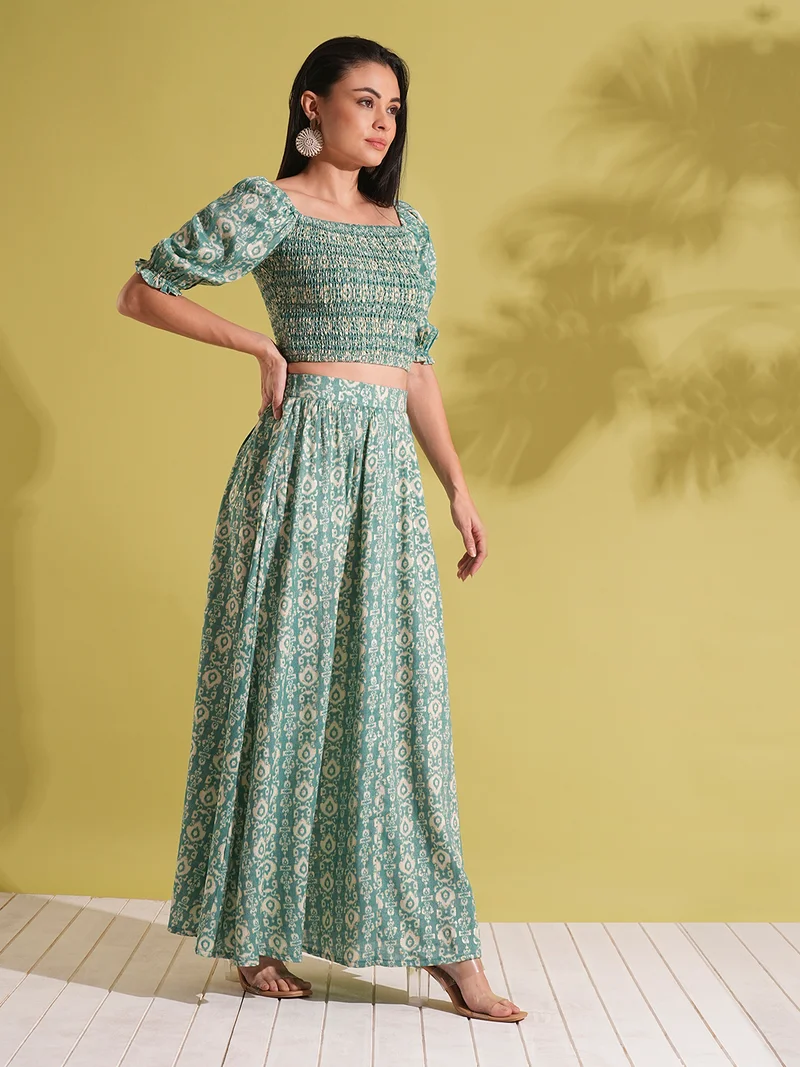globus Women Indie Print Square Neck Puff Sleeve Smocked Crop Top & Maxi Skirt Fusion Co-Ord Set