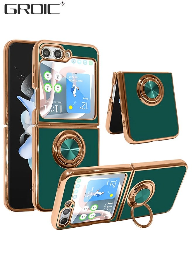 GROIC Compatible with Samsung Galaxy Z Flip 5 Green Case with Ring Holder Kickstand Heavy Duty Protection Screen Protector Shockproof Luxury Plating Phone Cover for Galaxy Z Flip 5 - Image 1