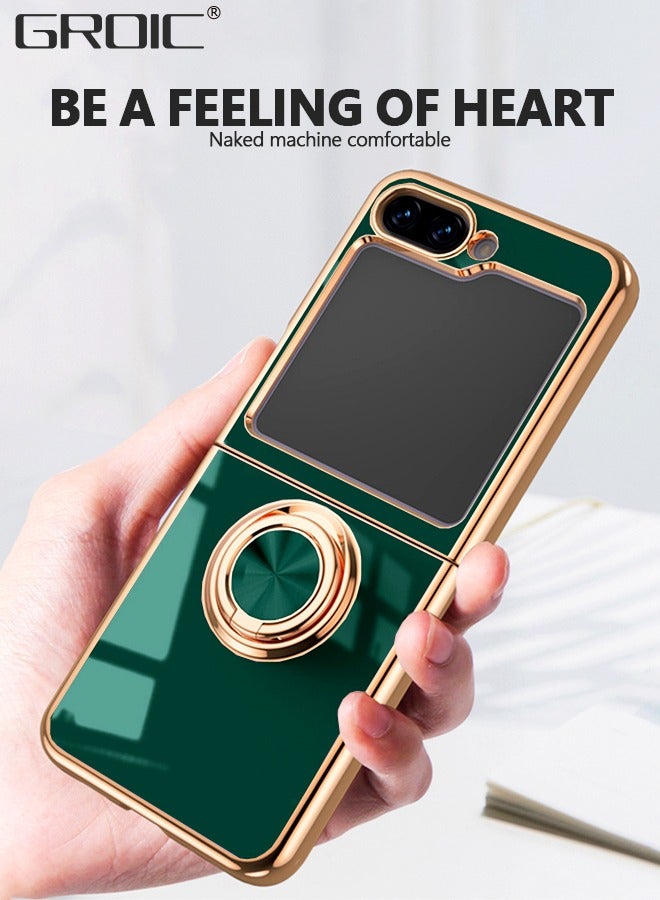 GROIC Compatible with Samsung Galaxy Z Flip 5 Green Case with Ring Holder Kickstand Heavy Duty Protection Screen Protector Shockproof Luxury Plating Phone Cover for Galaxy Z Flip 5 - Image 4
