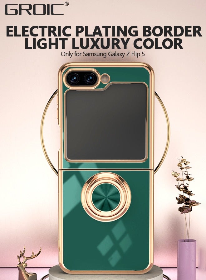 GROIC Compatible with Samsung Galaxy Z Flip 5 Green Case with Ring Holder Kickstand Heavy Duty Protection Screen Protector Shockproof Luxury Plating Phone Cover for Galaxy Z Flip 5 - Image 2