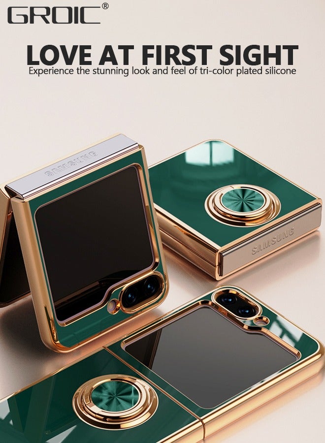 GROIC Compatible with Samsung Galaxy Z Flip 5 Green Case with Ring Holder Kickstand Heavy Duty Protection Screen Protector Shockproof Luxury Plating Phone Cover for Galaxy Z Flip 5 - Image 3