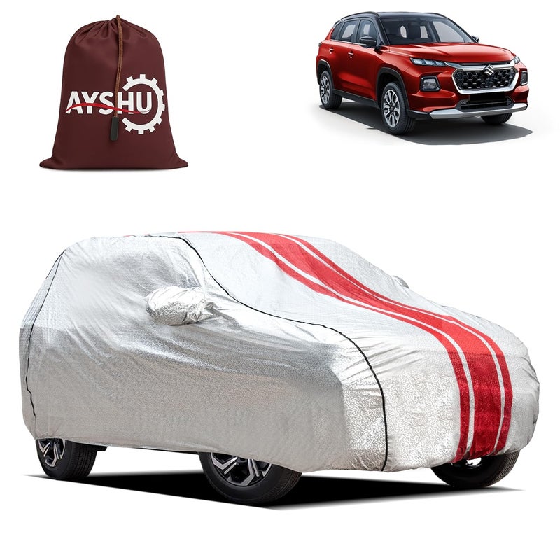 ASHU غطاء سيارة AYSHU المقاوم للماء لسيارة ماروتي جراند فيتارا | جيوب للمرايا والهوائي | طبقة داخلية ناعمة مضادة للخدش من القطن | خياطة ثلاثية | مقاوم للحرارة بلون فضي معدني | حماية في جميع الأحوال الجوية - Image 1
