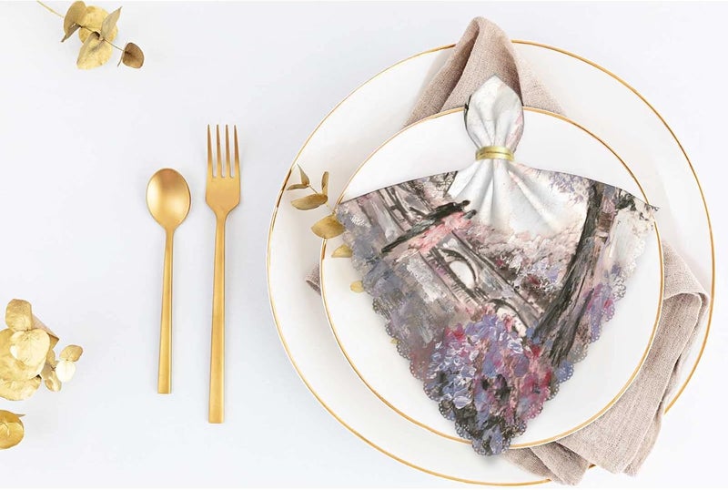 Yibeas Eiffel Tower Cloth Napkins Set of 4 Soft Oil Painting Paris Pink Tree Couple Love Tender Landscape Building Polyester Dinner Square Napkin for Family Restaurant Weddings Parties 18 x 18 inch - Image 5