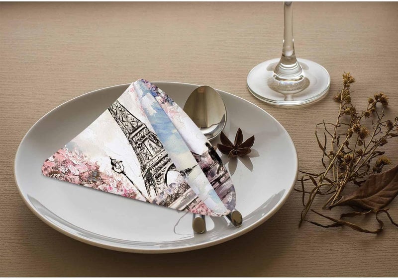Yibeas Eiffel Tower Cloth Napkins Set of 4 Soft Oil Painting Paris Pink Tree Couple Love Tender Landscape Building Polyester Dinner Square Napkin for Family Restaurant Weddings Parties 18 x 18 inch - Image 3