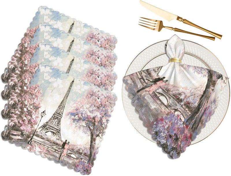 Yibeas Eiffel Tower Cloth Napkins Set of 4 Soft Oil Painting Paris Pink Tree Couple Love Tender Landscape Building Polyester Dinner Square Napkin for Family Restaurant Weddings Parties 18 x 18 inch - Image 1