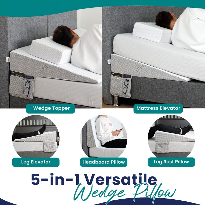 EPHEDORA Under Mattress Wedge for Acid Reflux, Queen Size Bed Wedge, Under Support & Mattress Riser, Memory Foam Top 7.5-Inch Head Riser Incline Topper, Non-Slip Bottom & Side Storage Pockets - Image 4