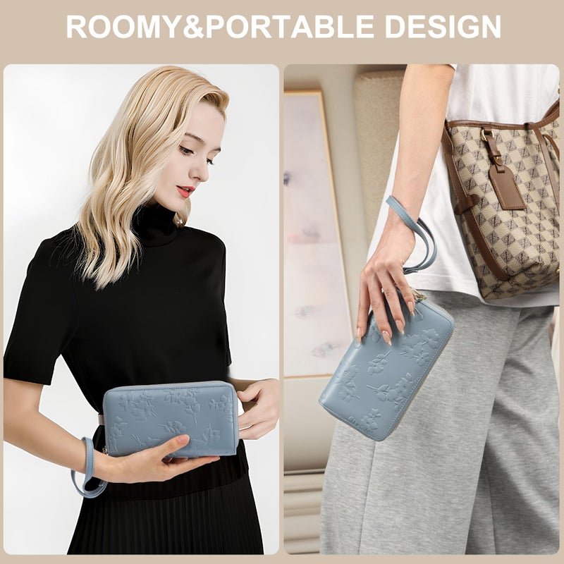 yiijay Womens Wallet RFID Blocking Large Capacity Leather Double Zip Wristlet Wallet Credit Card Phone Holder Ladies Clutch Purse Flora - Image 2
