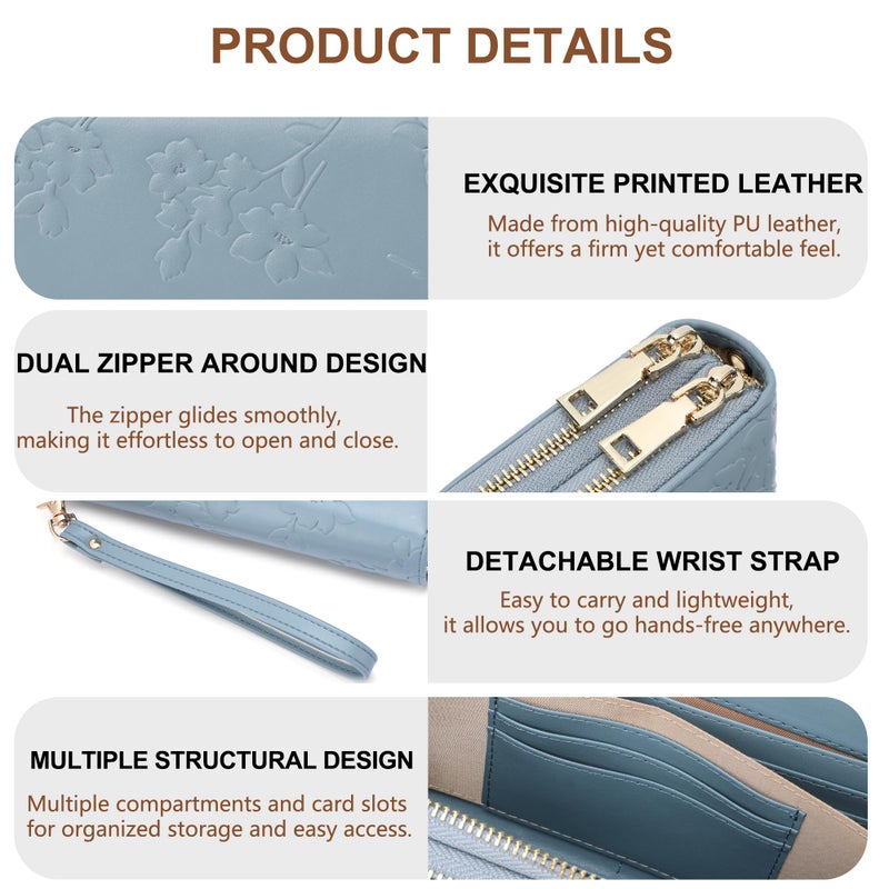 yiijay Womens Wallet RFID Blocking Large Capacity Leather Double Zip Wristlet Wallet Credit Card Phone Holder Ladies Clutch Purse Flora - Image 4