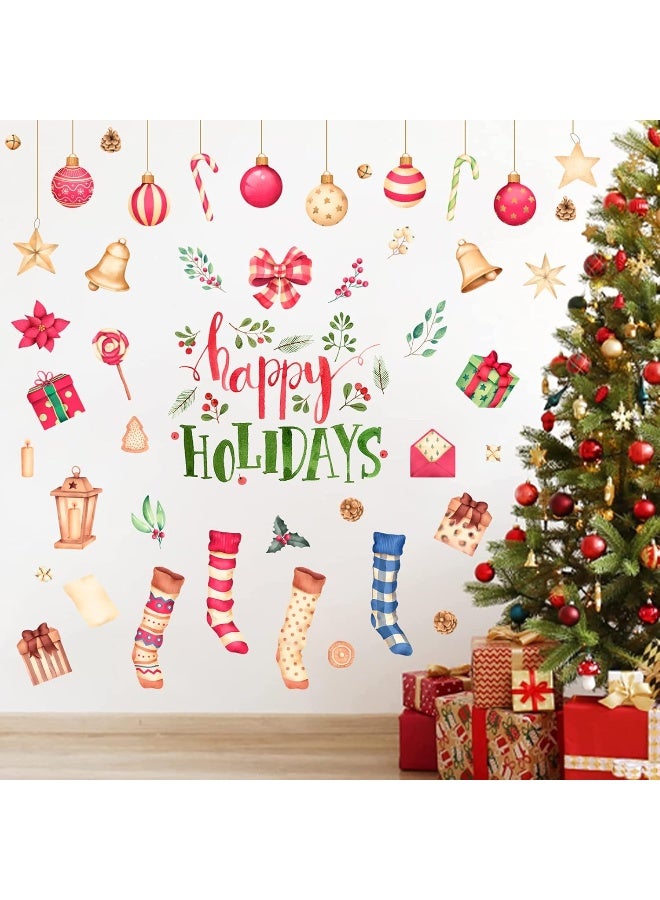 Home Trove Happy Holiday Wall Decal Stickers Christmas Window Stickers With Socks Candy Copper Bell Peel & Stick Decals Removable Vinyl Wall Decals Window Xmas Self-Adhesive Holiday Home Decoration (Style 1)  - Image 2