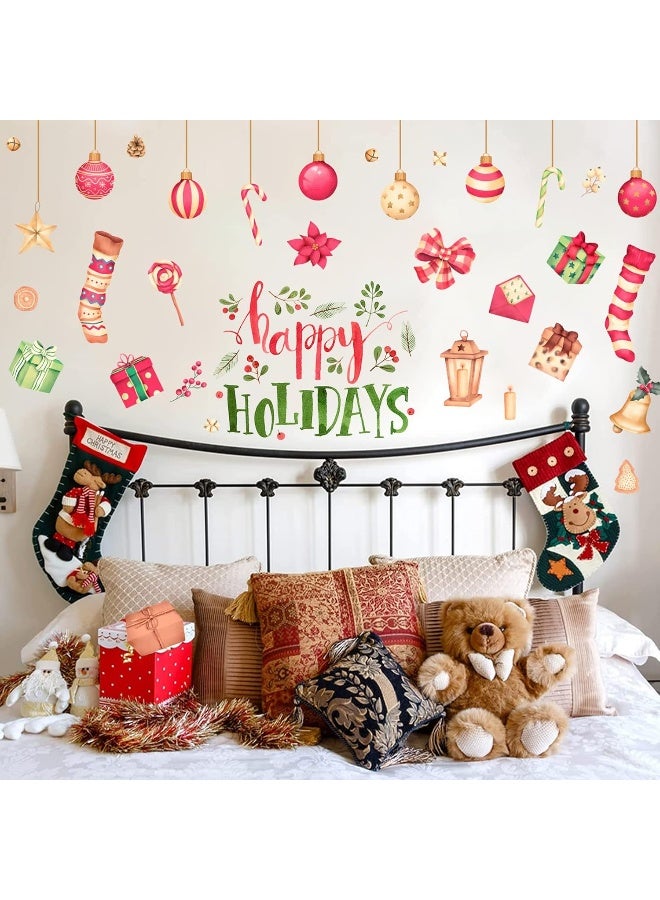 Home Trove Happy Holiday Wall Decal Stickers Christmas Window Stickers With Socks Candy Copper Bell Peel & Stick Decals Removable Vinyl Wall Decals Window Xmas Self-Adhesive Holiday Home Decoration (Style 1)  - Image 1