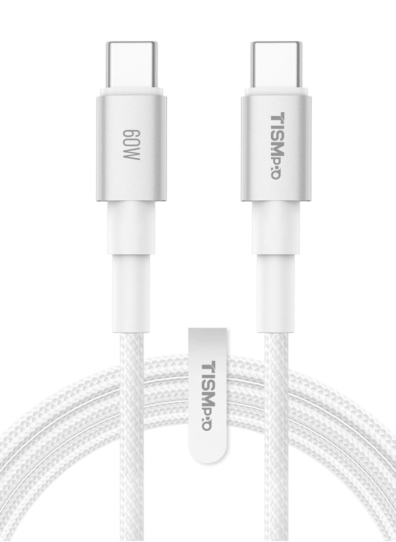 تيسمبرو - كابل شحن سريع 60W USB-C إلى USB-C، 1 متر، تصميم معدني ألمنيوم مع سلك مضفر، إخراج 3A، نقل بيانات بسرعة 480Mbps، سلك متين عالي الكثافة، مقاوم للكسر ومزود بطرف SR معزز – أبيض - Image 1