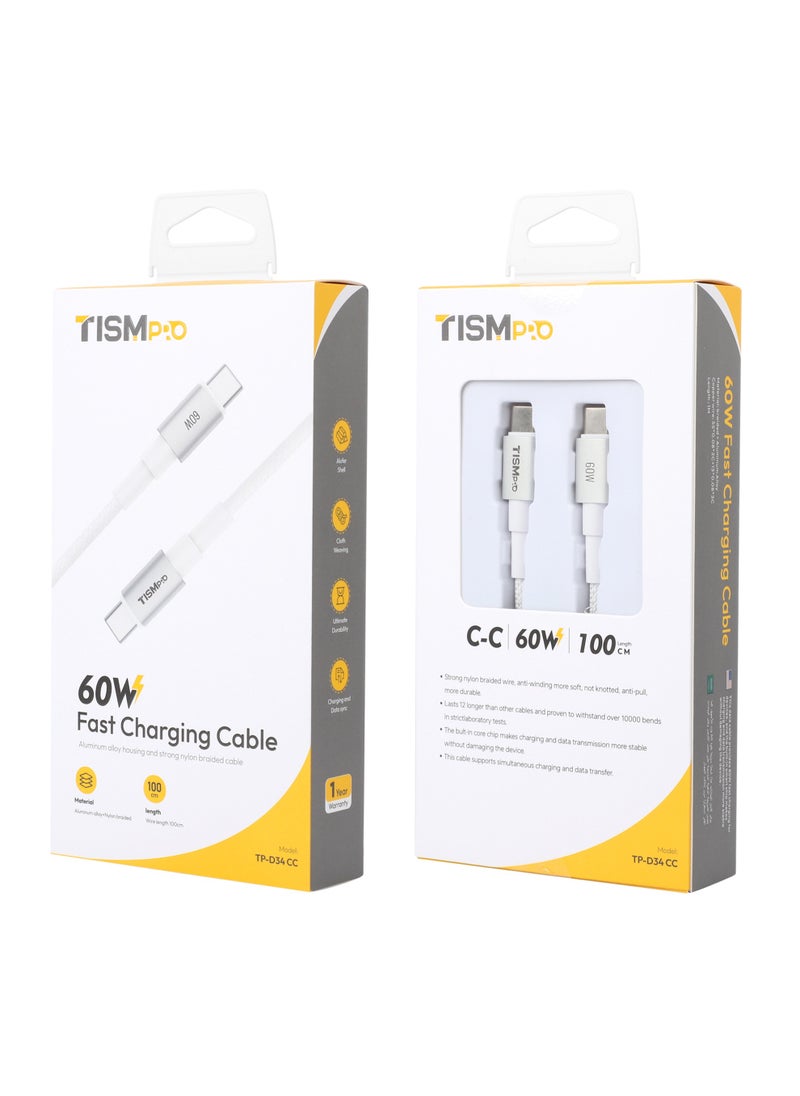 تيسمبرو - كابل شحن سريع 60W USB-C إلى USB-C، 1 متر، تصميم معدني ألمنيوم مع سلك مضفر، إخراج 3A، نقل بيانات بسرعة 480Mbps، سلك متين عالي الكثافة، مقاوم للكسر ومزود بطرف SR معزز – أبيض - Image 1