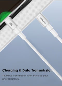 تيسمبرو كابل شحن سريع 60W USB-C إلى USB-C، 1 متر، تصميم معدني ألمنيوم مع سلك مضفر، إخراج 3A، نقل بيانات بسرعة 480Mbps، سلك متين عالي الكثافة، مقاوم للكسر ومزود بطرف SR معزز – أبيض  - Image 3