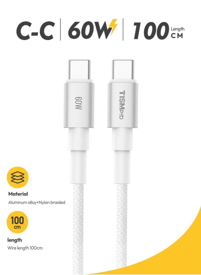 تيسمبرو - كابل شحن سريع 60W USB-C إلى USB-C، 1 متر، تصميم معدني ألمنيوم مع سلك مضفر، إخراج 3A، نقل بيانات بسرعة 480Mbps، سلك متين عالي الكثافة، مقاوم للكسر ومزود بطرف SR معزز – أبيض - Image 1