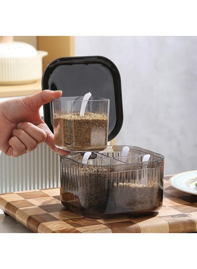 KREPS Seasoning Box with Lid and Spoon, 4 Compartment Spice Pots,Masala Box,Kitchen Condiment Jars, Plastic for Sugar Salt Pepper (Black) - Image 1