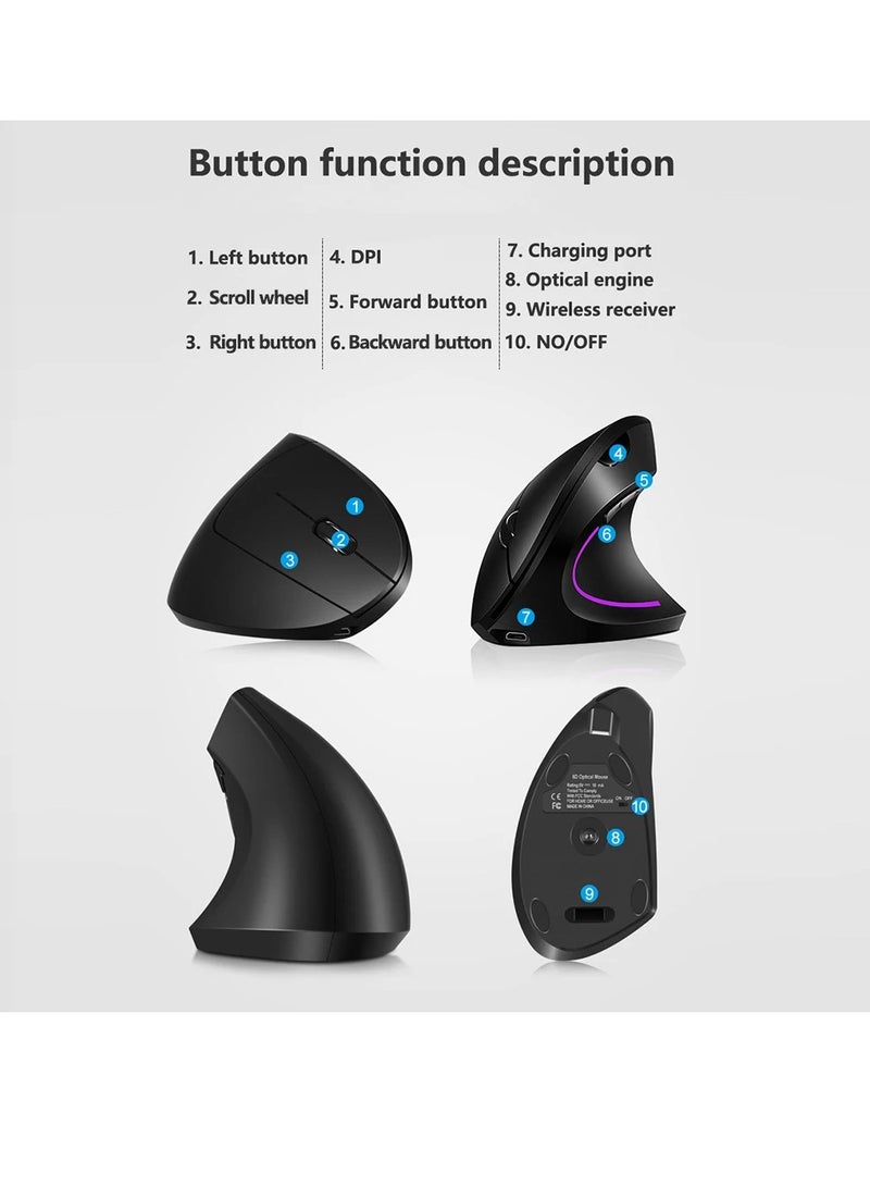 AROAQ ماوس عمودي لاسلكي، ماوس عمودي مريح قابل لإعادة الشحن، ماوس عمودي مزدوج الوضع مع 3 مستويات DPI قابلة للتعديل، ماوس RGB متدفق الإضاءة، قابل للتوصيل والتشغيل للكمبيوتر المحمول وسطح المكتب والكمبيوتر الشخصي (أبيض) - Image 4