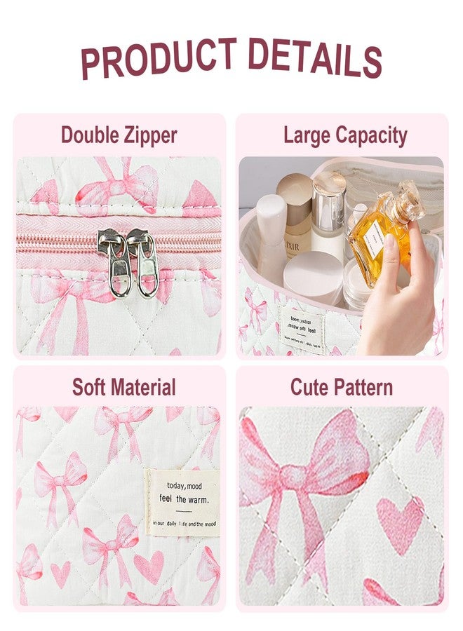 GISMTR 3Pcs Makeup Bag Cotton Quilted Travel Cosmetic Bag Cute Floral Makeup Pouch Large Toiletry Bag for Women Girls (Bow-Pink4) - Image 2
