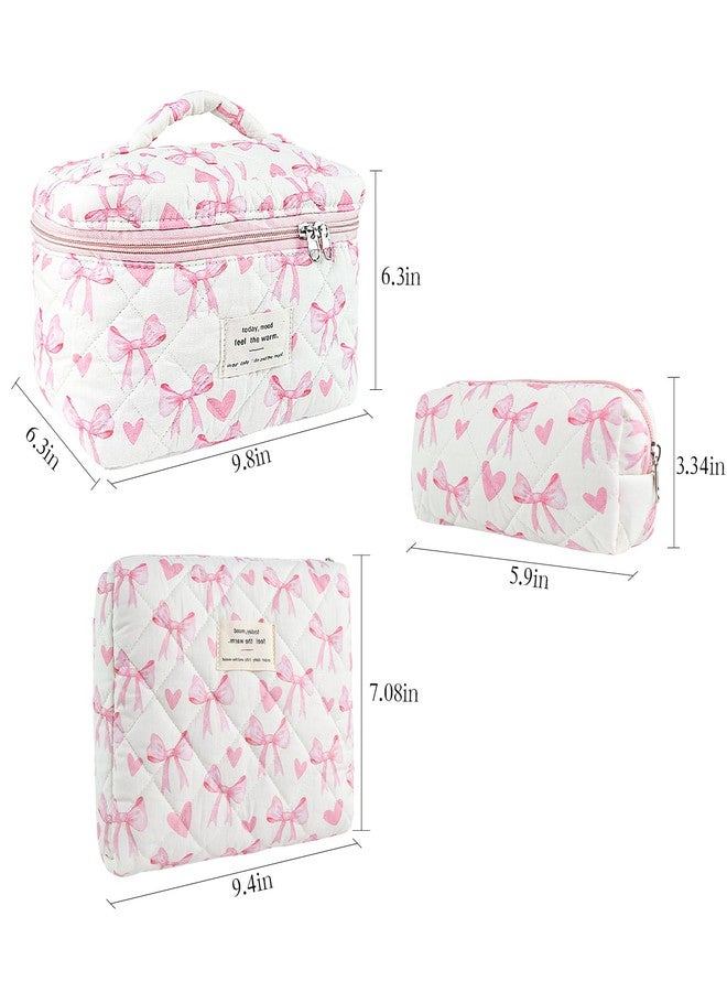 GISMTR 3Pcs Makeup Bag Cotton Quilted Travel Cosmetic Bag Cute Floral Makeup Pouch Large Toiletry Bag for Women Girls (Bow-Pink4) - Image 5