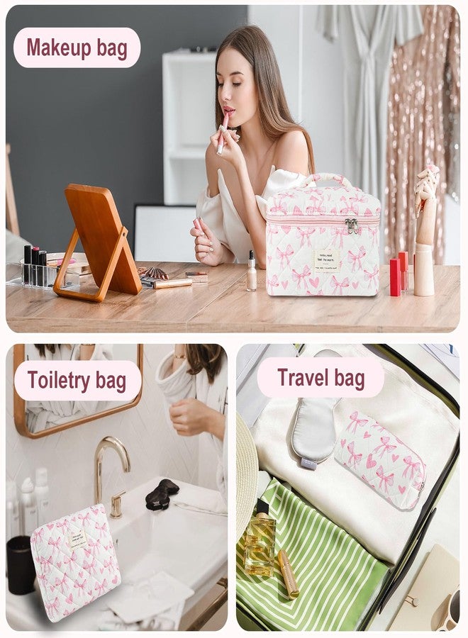 GISMTR 3Pcs Makeup Bag Cotton Quilted Travel Cosmetic Bag Cute Floral Makeup Pouch Large Toiletry Bag for Women Girls (Bow-Pink4) - Image 3