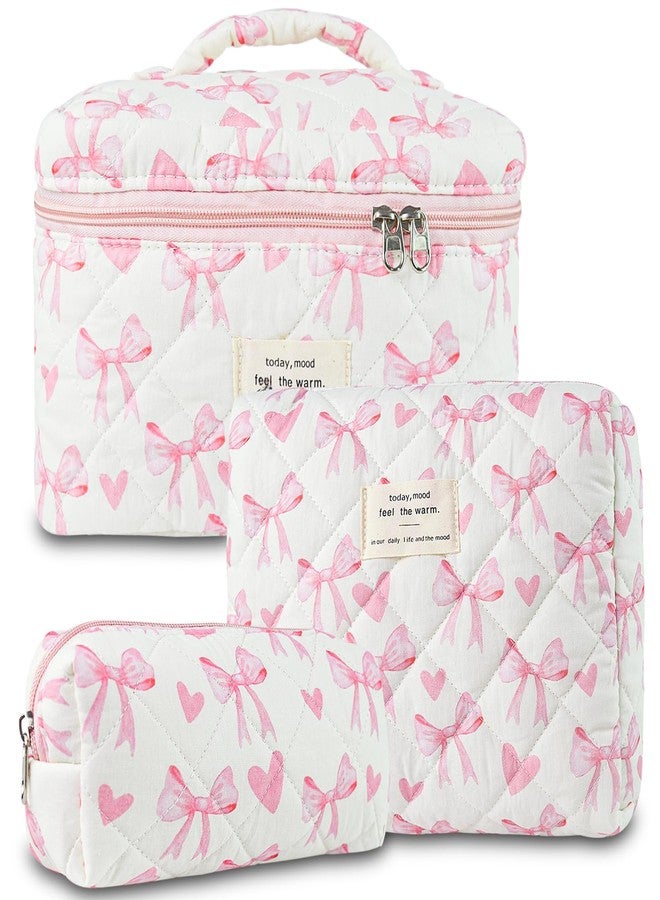GISMTR 3Pcs Makeup Bag Cotton Quilted Travel Cosmetic Bag Cute Floral Makeup Pouch Large Toiletry Bag for Women Girls (Bow-Pink4) - Image 1