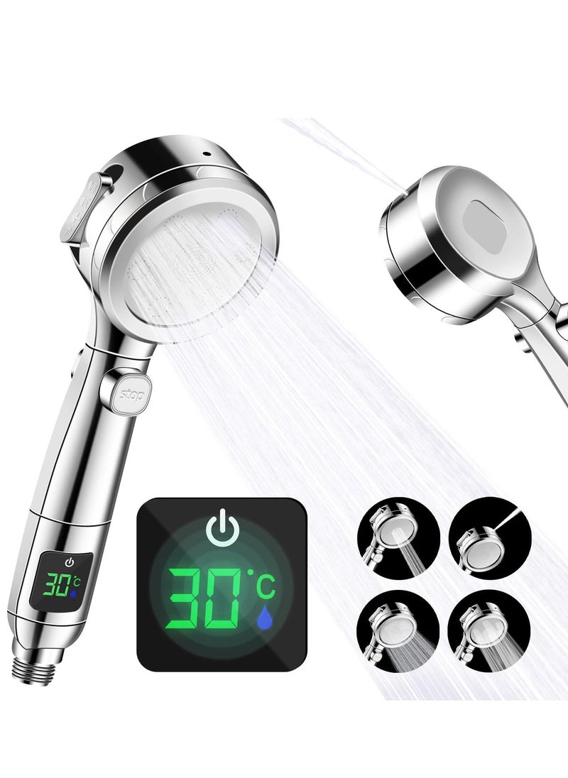 Shower Head Water Saving Shower Head with Pressure Increase 4 Jet Settings, Universal Large Energy Shower Head Temperature Display One Button Pause Switch - Image 1