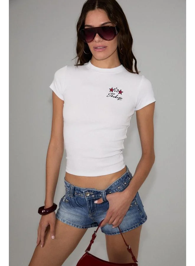 GRIMELANGE SELCEN Women's Soft and Stretchable Organic Cotton White T-Shirt with World Cup Special Embroidery.