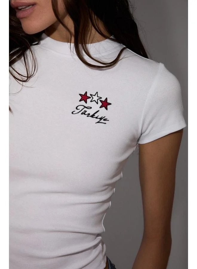 GRIMELANGE SELCEN Women's Soft and Stretchable Organic Cotton White T-Shirt with World Cup Special Embroidery.