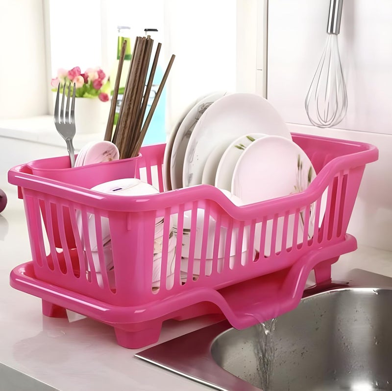 Homeor Houshe 3 In 1 Durable Plastic Kitchen Sink Large Dish Rack Drainer Drying Rack Washing Basket With Tray For Kitchen Dish Rack Organizers Utensils Drainer Basket For Kitchen Pink 300X440X150 mm - Image 1