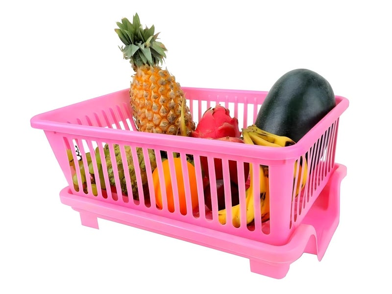Homeor Houshe 3 In 1 Durable Plastic Kitchen Sink Large Dish Rack Drainer Drying Rack Washing Basket With Tray For Kitchen Dish Rack Organizers Utensils Drainer Basket For Kitchen Pink 300X440X150 mm - Image 2