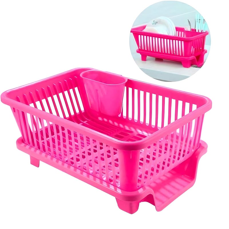 Homeor Houshe 3 In 1 Durable Plastic Kitchen Sink Large Dish Rack Drainer Drying Rack Washing Basket With Tray For Kitchen Dish Rack Organizers Utensils Drainer Basket For Kitchen Pink 300X440X150 mm - Image 4