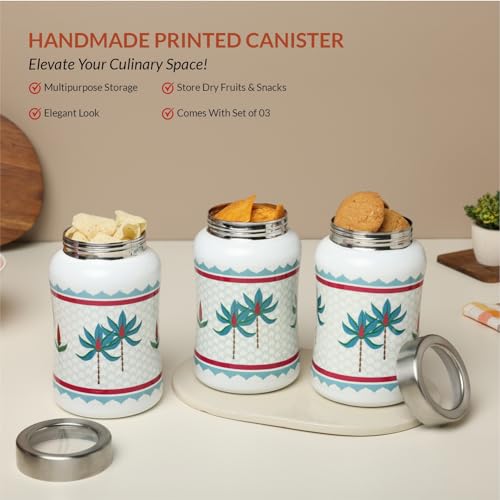 dudki Tropical Tree Tulip Stainless Steel Canister | Dry Fruit Containers | Stainless Steel Round Canister For Snacks Set Of 3 (Tropical Tree -White) 1300Ml - Image 5