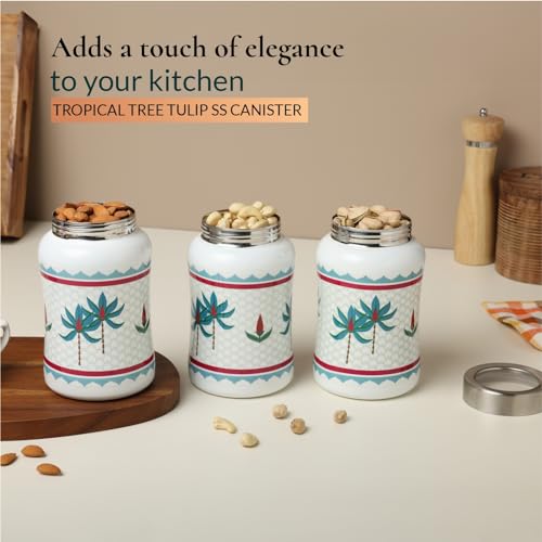 dudki Tropical Tree Tulip Stainless Steel Canister | Dry Fruit Containers | Stainless Steel Round Canister For Snacks Set Of 3 (Tropical Tree -White) 1300Ml - Image 4