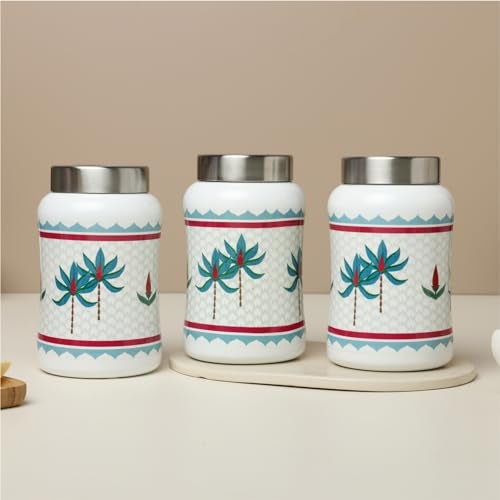 dudki Tropical Tree Tulip Stainless Steel Canister | Dry Fruit Containers | Stainless Steel Round Canister For Snacks Set Of 3 (Tropical Tree -White) 1300Ml - Image 2
