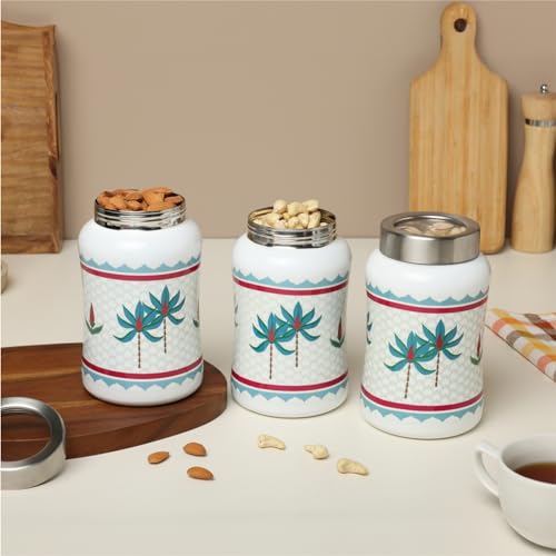 dudki Tropical Tree Tulip Stainless Steel Canister | Dry Fruit Containers | Stainless Steel Round Canister For Snacks Set Of 3 (Tropical Tree -White) 1300Ml - Image 1